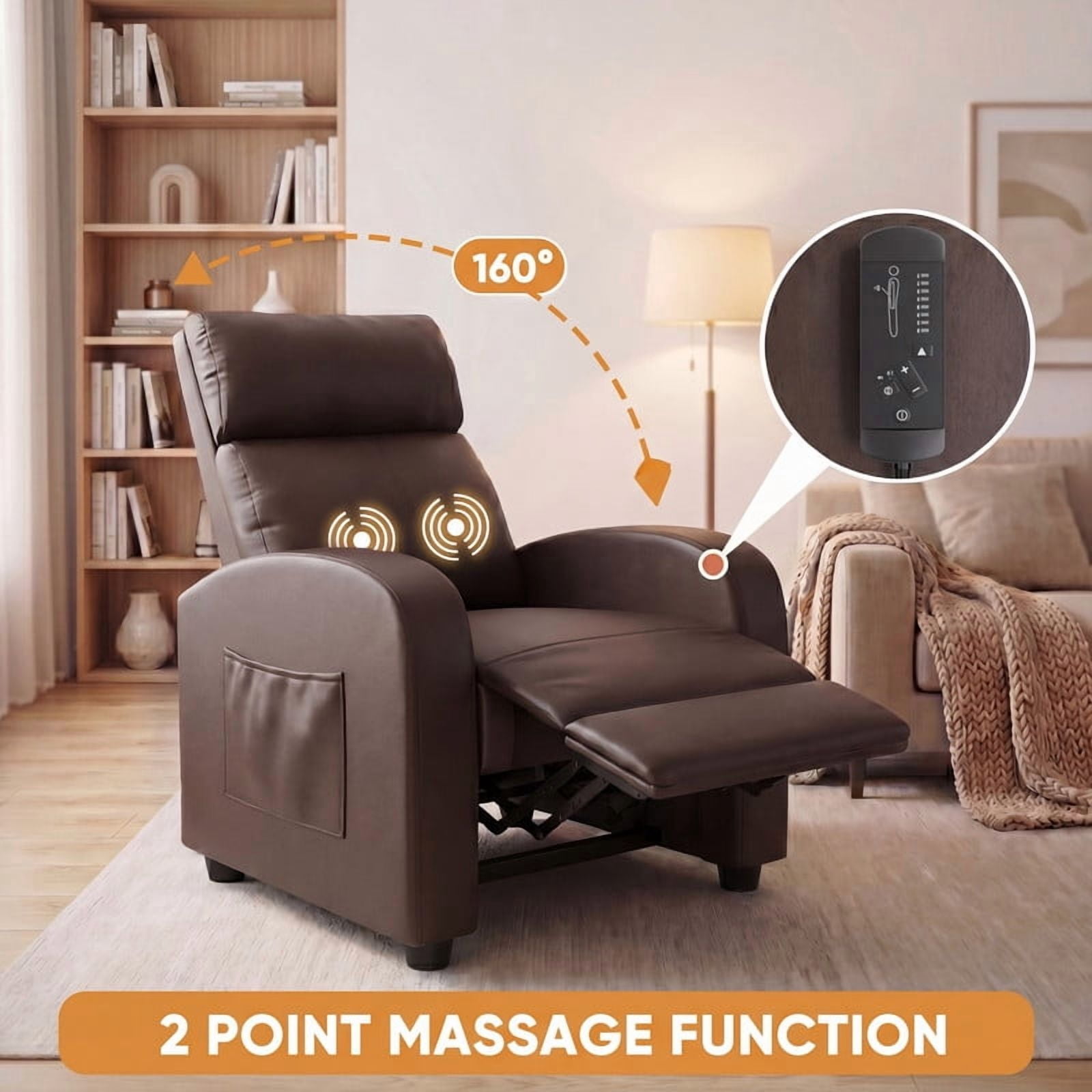 Vineego Massage Recliner Chair Small Places Single Sofa Adjustable Home Theater Seating with Side Pockets for Living Room,PU Brown