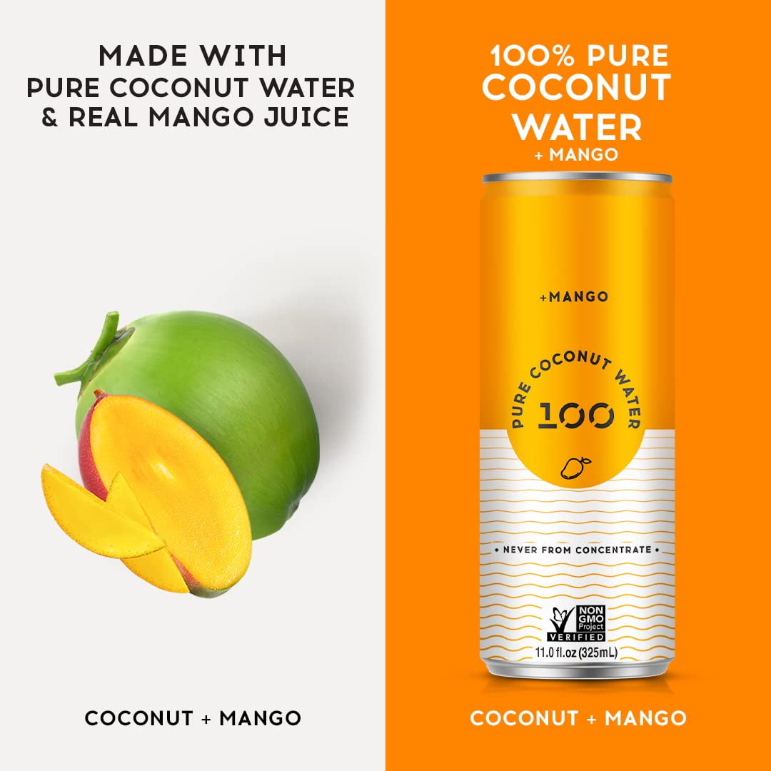 100 Coconuts Pure Coconut Water + Mango, Hydration, 11 fl oz Cans, 12 Pack, Liquids