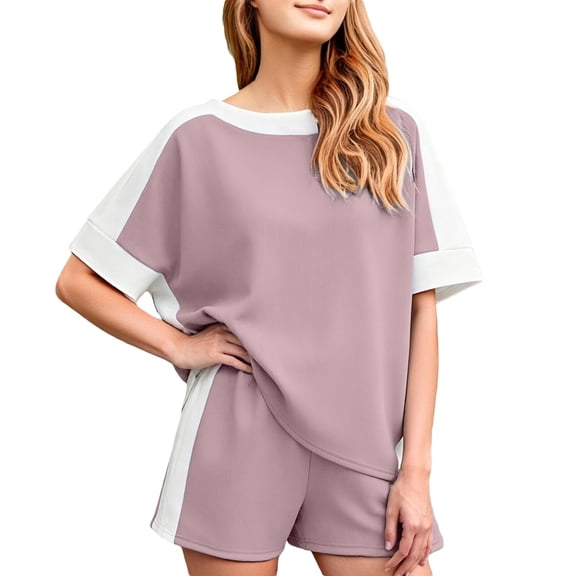 WAYUTE Womens Shorts Set Plus Size Casual Summer Patchwork Color Short Sleeve T Shirt and Shorts Athletic 2 Piece Sports Outfit Outfit Sets