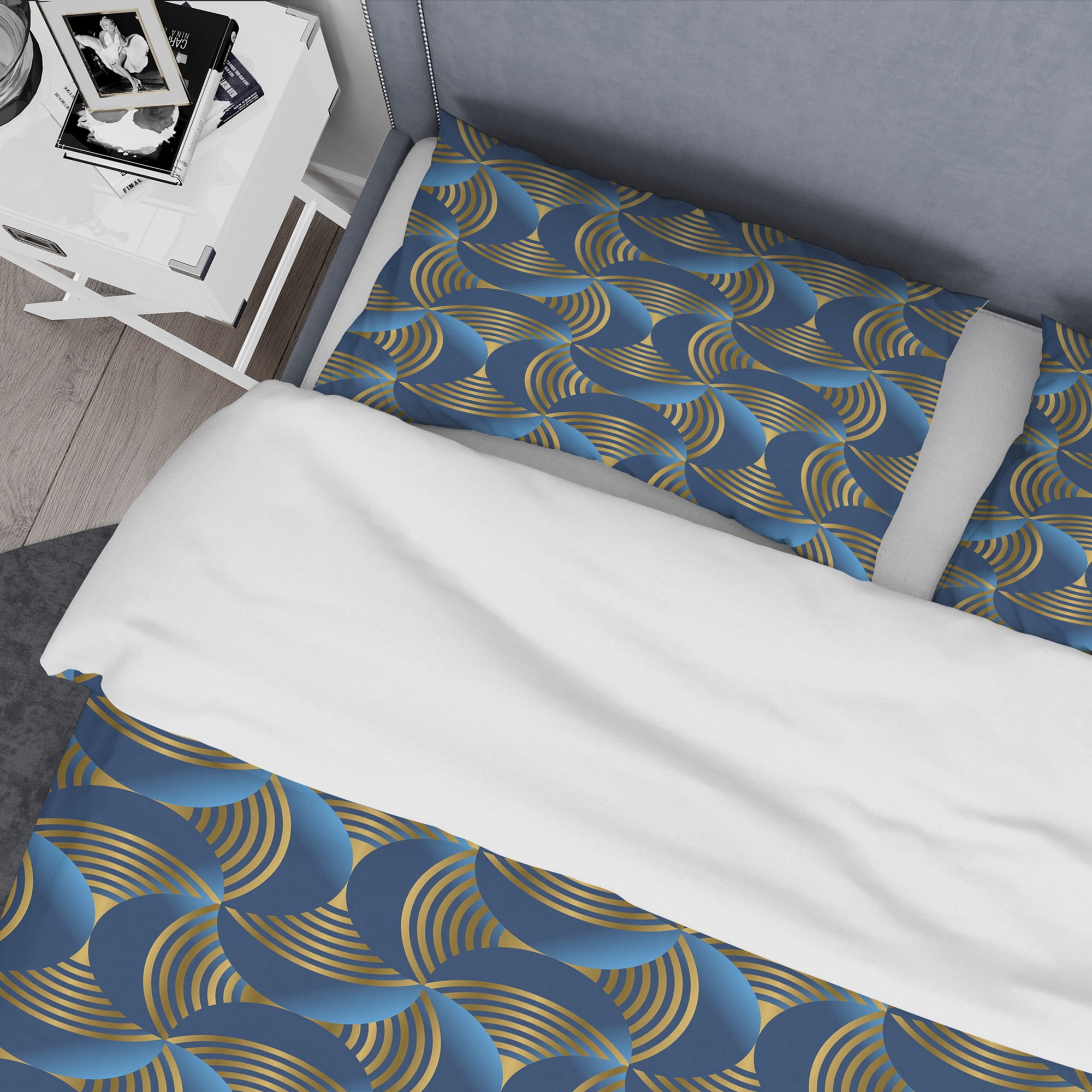 Designart 'Geometric abstract waves in gold and marine blue' Mid-Century Modern Duvet Cover Set
