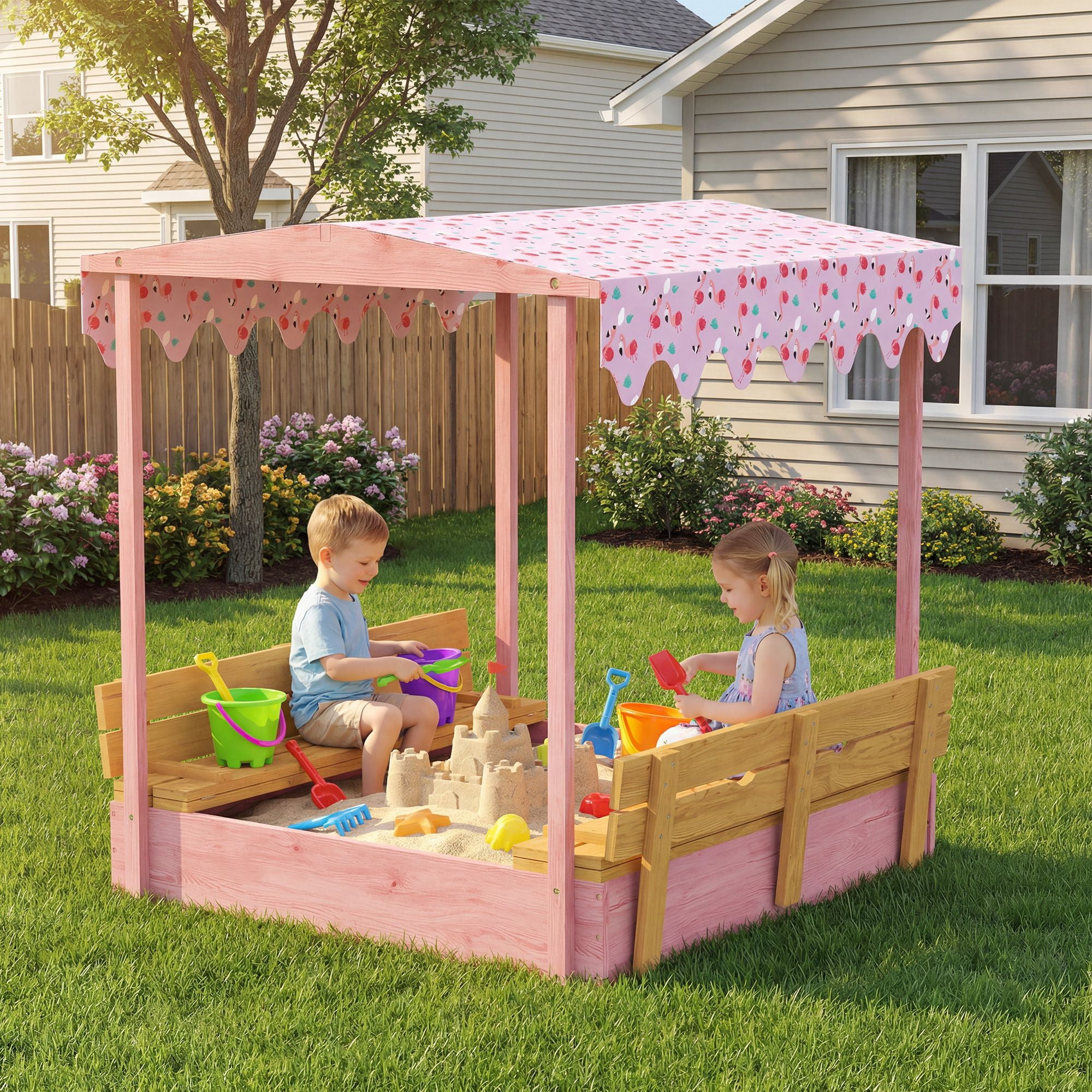 Wooden Sandbox with Cover, Kids Sandbox Outdoor with Seat, Bottom Liner, Canopy for Ages 3-6, Flamingos Print, Pink