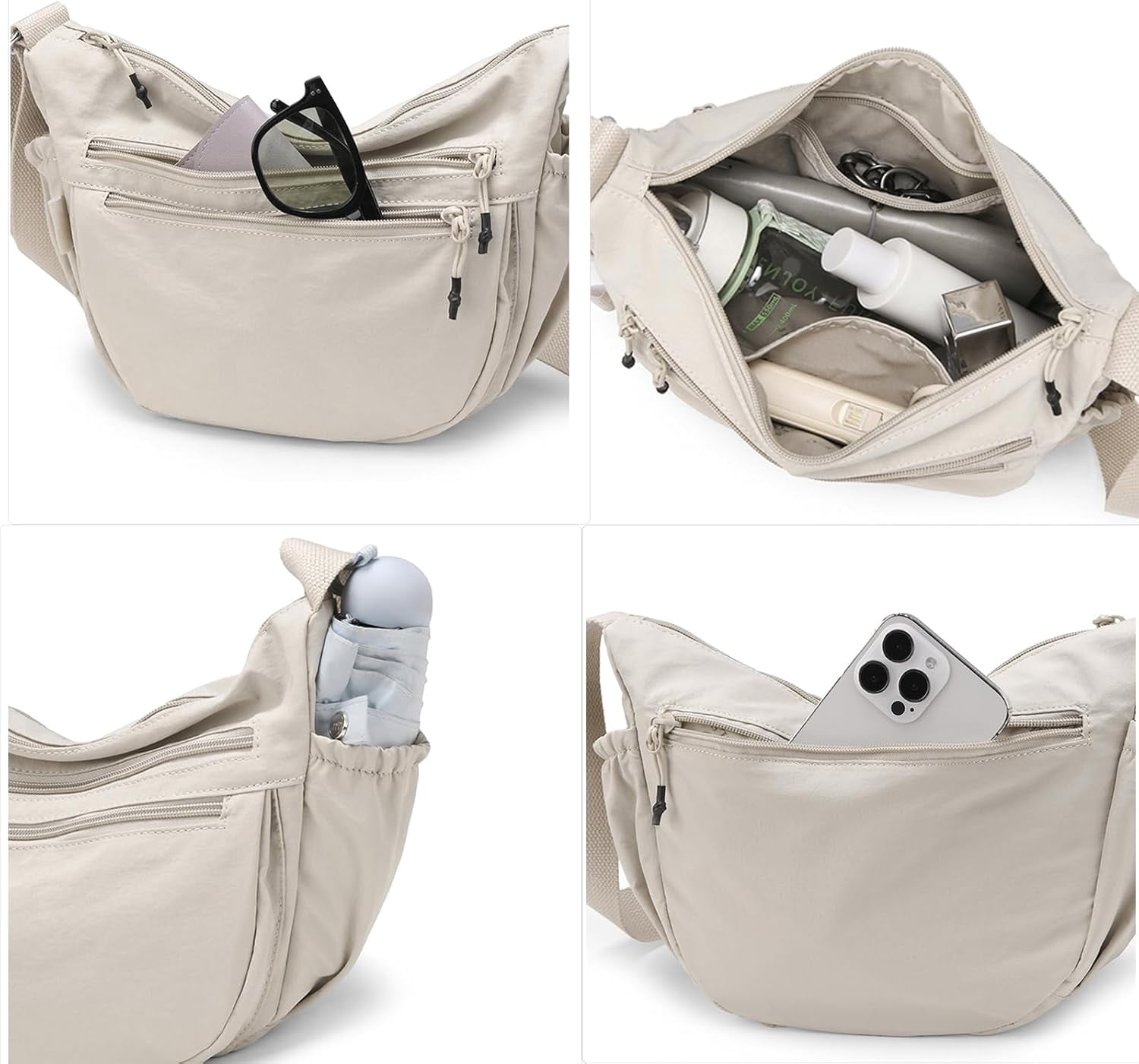 Trendy Small Crescent Bag Nylon Crossbody Bags for Women Lightweight Hobo Luna Bag Multi-Pocket Shoulder Crossbody Purses