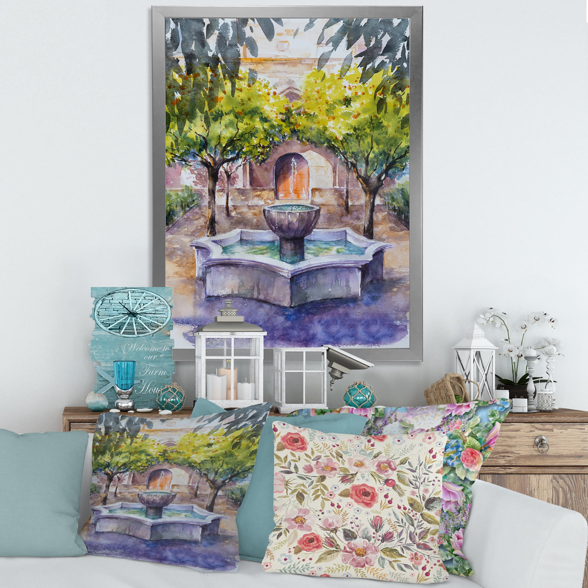 Designart 'Small Fountain With Trees In The Village House' Country Framed Art Print