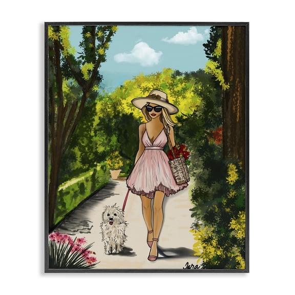 Stupell Industries Tropical Garden Girl Strolling with Pup Black Framed Giclee Art, 11 x 14, by Tara Boone