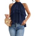 thumbnail image 4 of Women'S Layered Ruffle Hem Sleeveless Halter Chiffon Blouse Flowy Tank Tops Navy Blue XXL, 4 of 9