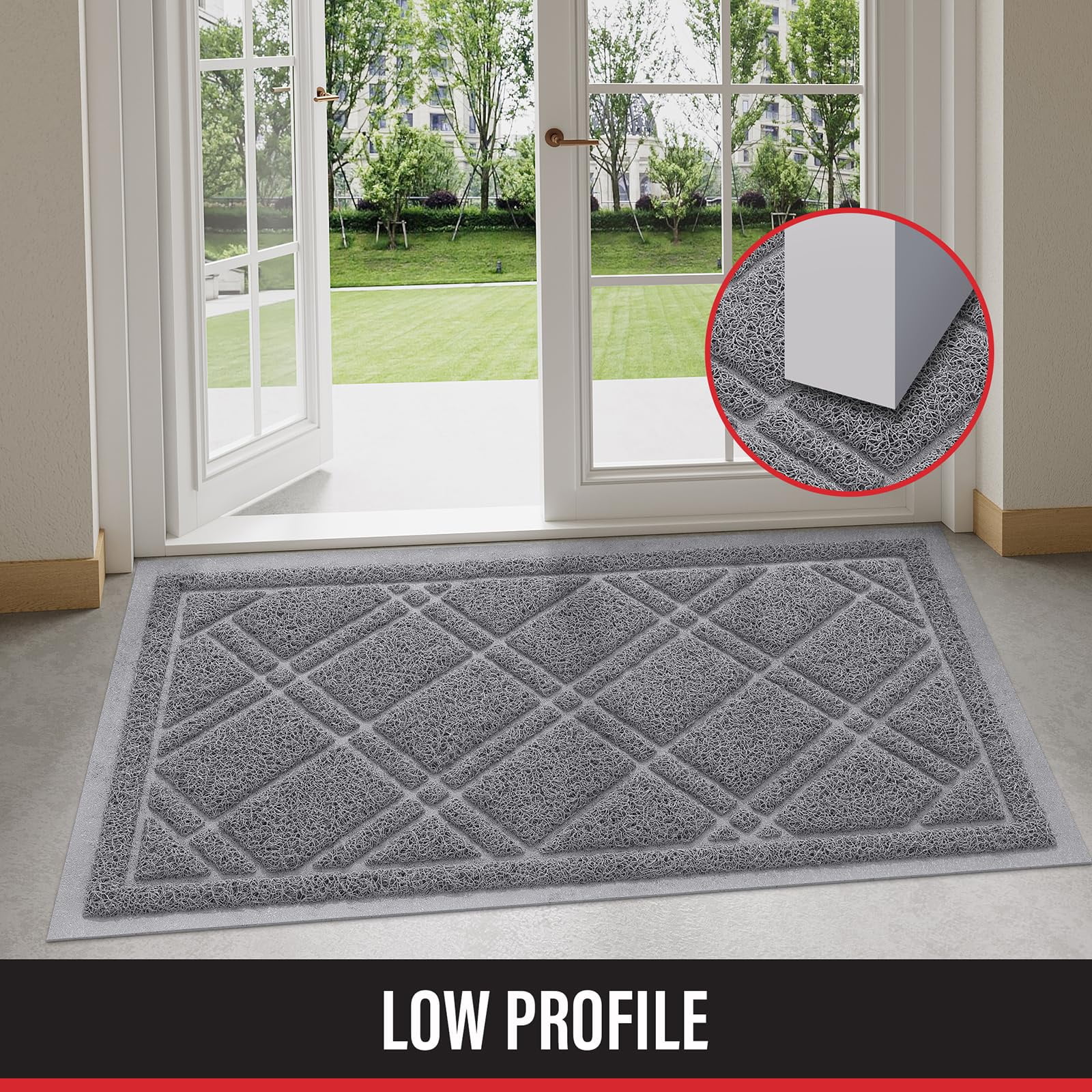 Buganda Door Mat Outside, Heavy Duty Dirt Trapper Doormat, Non Slip Low Profile Mat for Inside, 17"x30", Grey