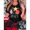 thumbnail image 1 of 1 Pce Joyeux Nouvel An 2025 T-Shirt Graphique pour Femmes, Col Rond Décontracté Manches Courtes, Haut en Polyester Tricoté Toutes Saisons avec Extensible Moyen, 1 of 8