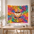 thumbnail image 5 of Smiling Coffee Cup Beneath Rainbow Steam and Swirls, Cozy Psychedelic for Cafe Decor Fans, Beverage Wall Art, Housewarming Gift, Tapestry Wall Hanging for Kitchen and Studio, 5 of 7