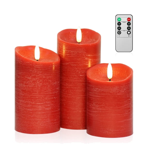ANGELLOONG Red Flameless Candles with Remote Timer, Set of 3 Real Wax Flickering LED Pillar Candles for Holiday Decor