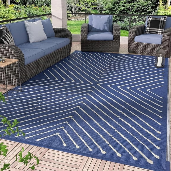 5x8 Ft Outdoor Rug Patio Stain Resistant Foldable Striped Navy and White
