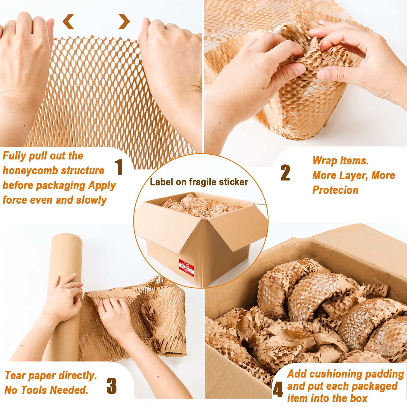 Aovky Honeycomb Packing Paper, 204' x 15" Cushion Packing Paper for Moving Shipping Packaging Breakables, Substitute Alternative for Bubble Cushioning Wrap Roll Kraft with 20 Fragile Stickers