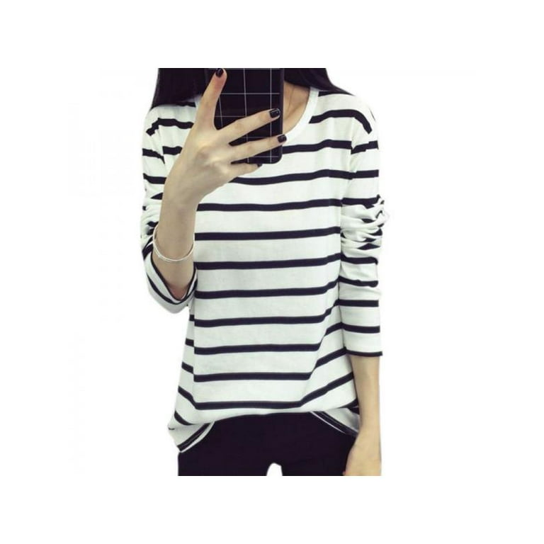 bruser sne hvid Stevenson Women T-Shirts Long Sleeve Striped O-neck Casual T Shirt Cotton Elegant Ladies  Tops - Walmart.com