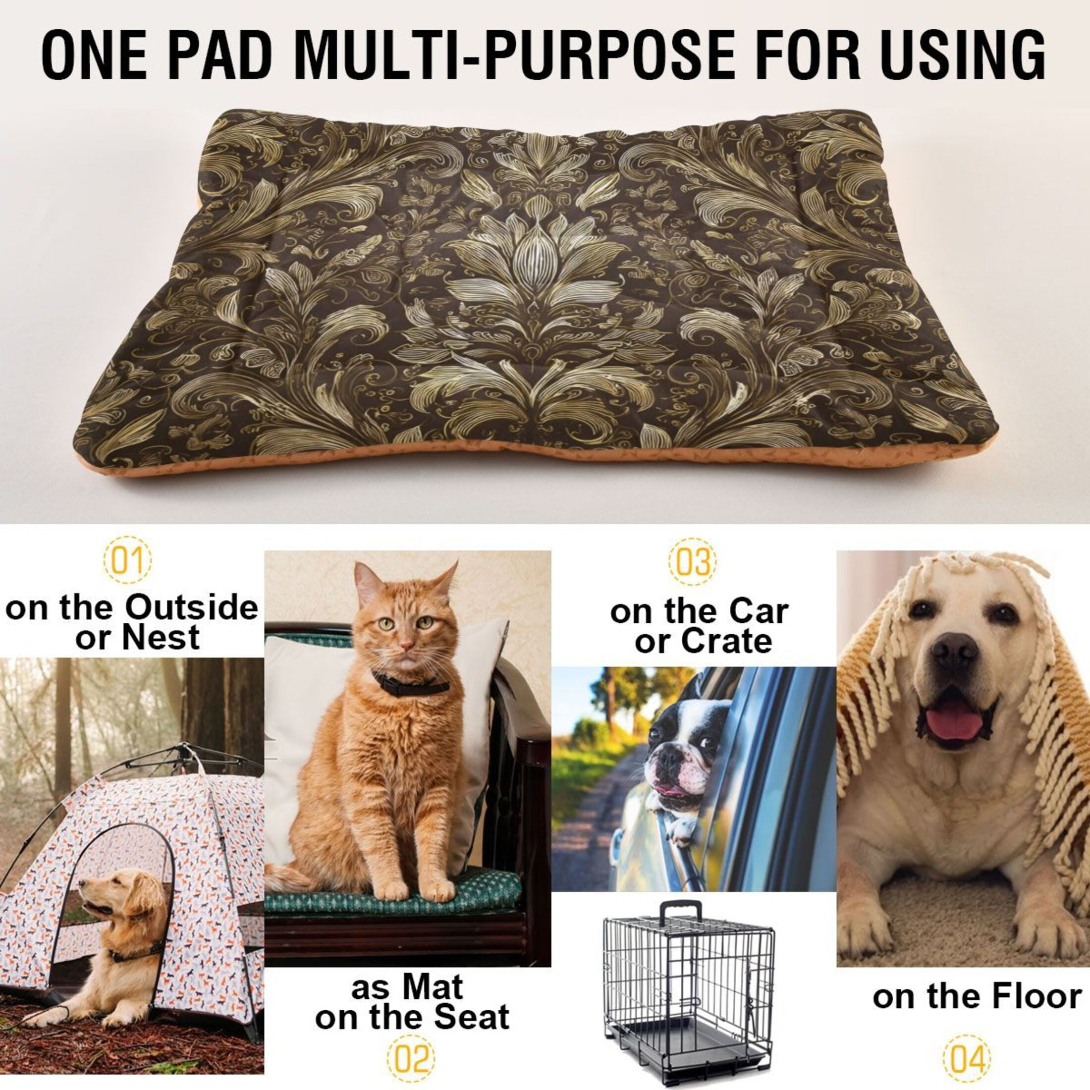 Cozy Mat Pet Bed Indoor Outdoor Warm Soft For Cat Dog Puppy(S/M) A Seamless Pattern with A Gold Foil