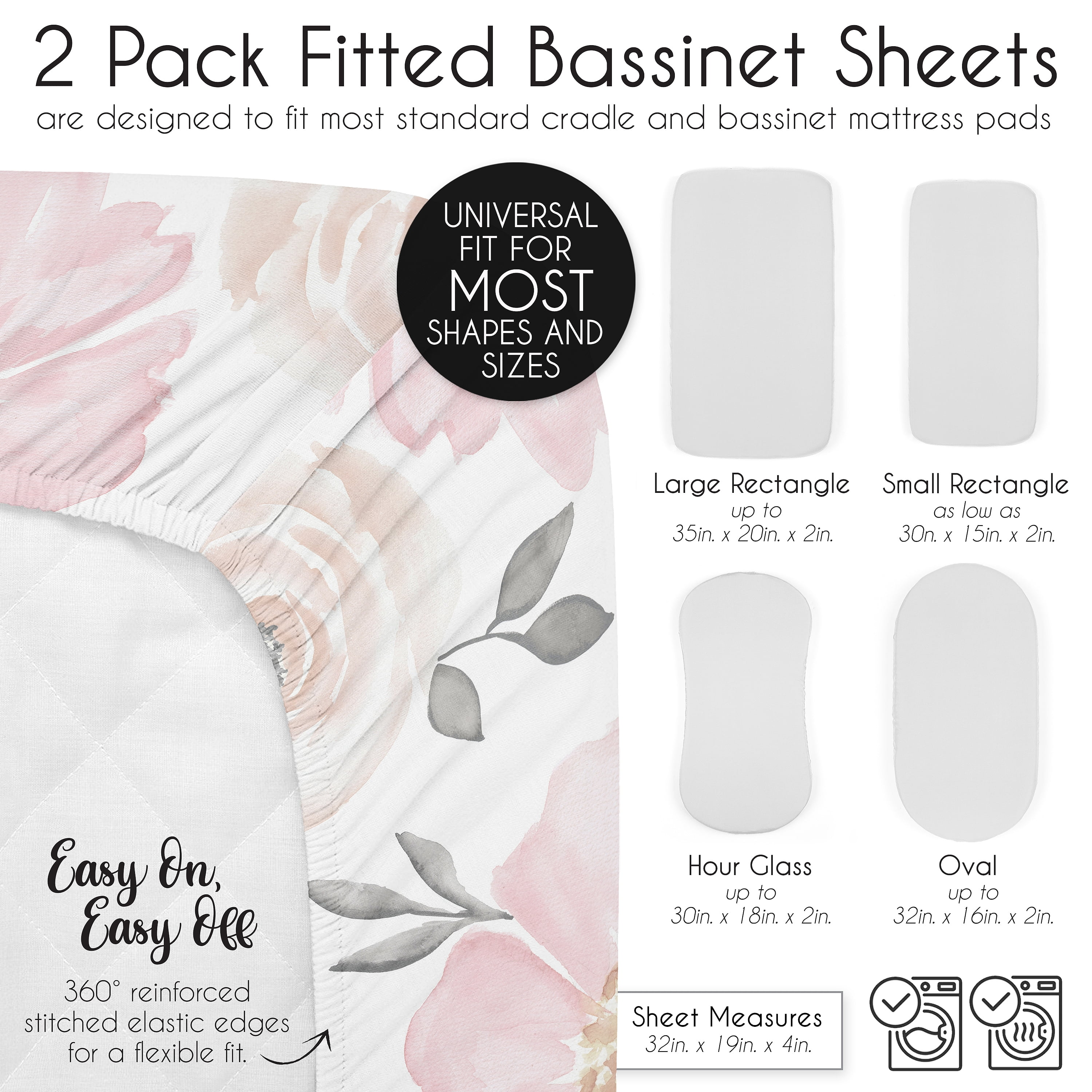 Sweet Jojo Designs Watercolor Floral Pink Grey and White Baby Bassinet Fitted Sheets 2 Piece Set