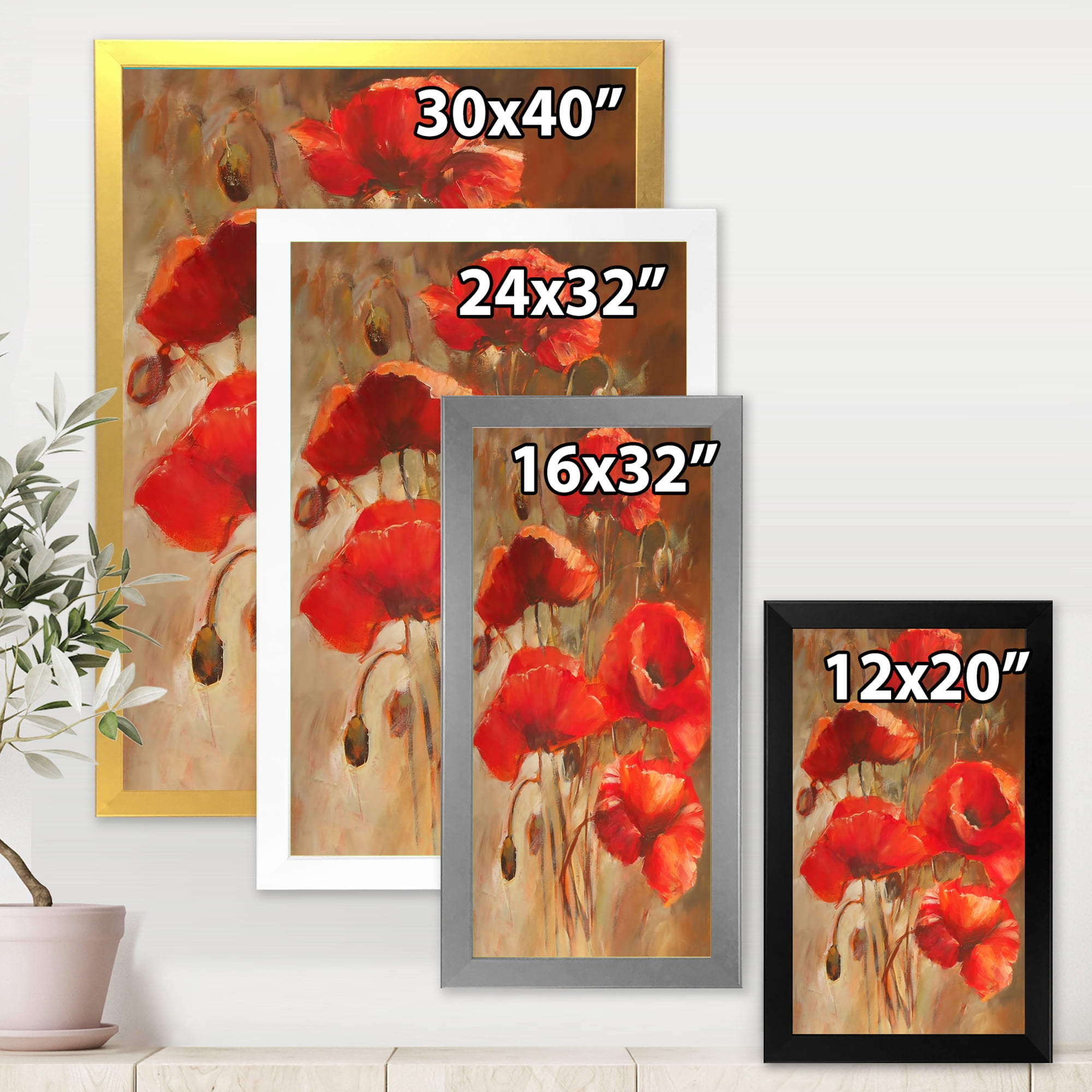 Designart 'Red Blossoming Poppies Over Wild Brown II' Traditional Framed Art Print