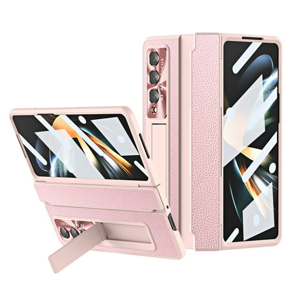 SaniMore for Samsung Galaxy Z Fold 3 7.6" Folding Magnetic Hinge Protection Case with Tempered Glass Film, PU Leather Cover with Wireless Charging & Kickstand Full Body Protective Shell, Pink