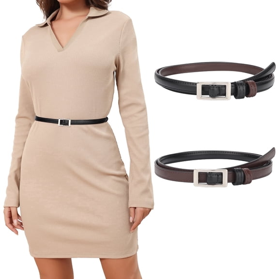 AWAYTR Skinny Reversible Faux Leather, Hole-Free Design, Gold Buckle Belt (Women's)
