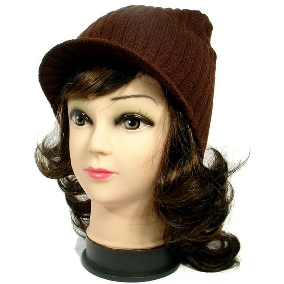 Brown Warm Winter Knit Crochet Braided Baggy Visor Beanie Hat