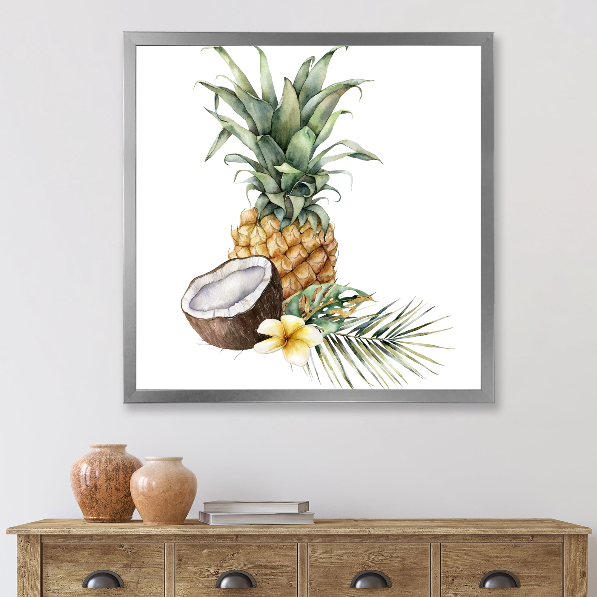 Designart 'Pineapple With Plumeria Coconut and Palm Leaves' Traditional Framed Art Print
