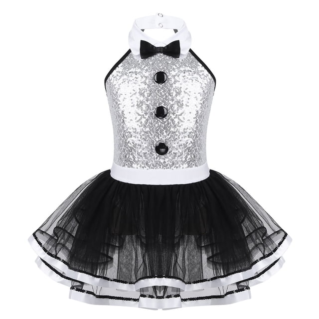 Aislor Robe de Spectacle de Cirque pour Filles Enfants Costume à Paillettes à Col Licou Justaucorps de Danse Ballet Robe de Danse Moderne Tenue de Fête de Noël Blanc 4