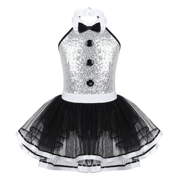 YONGHS Kids Girls Sleeveless Shiny Sequins Leotard Mesh Tutu Dress 4-14