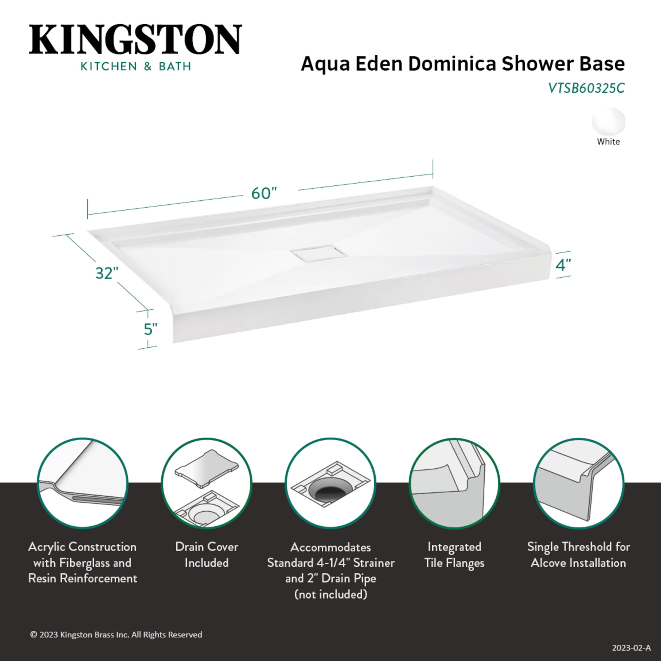 Aqua Eden VTSB60325C Dominica 60" x 32" Single Threshold Shower Base with Center Drain Hole, White