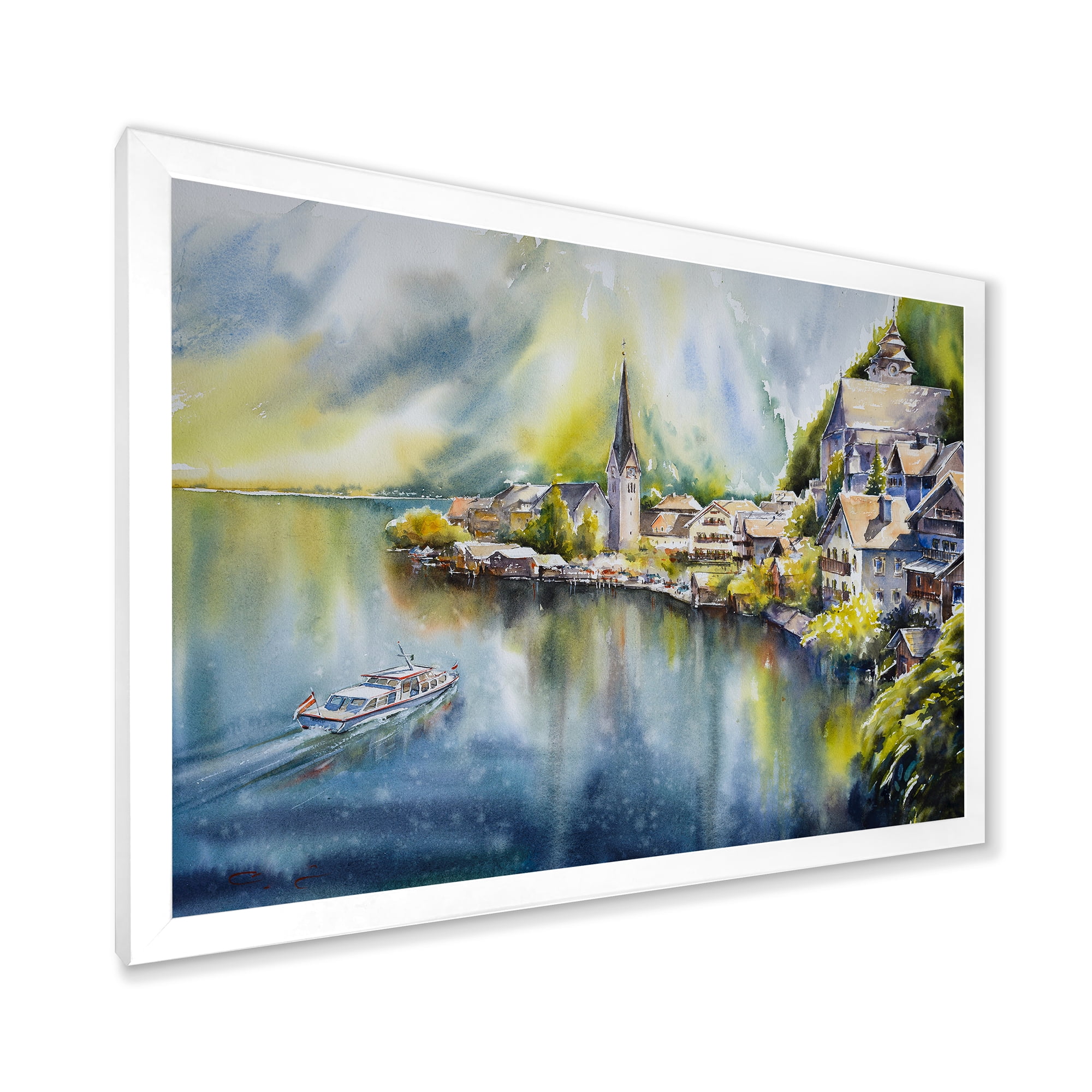 Designart 'The River In Austria Through Mountain Village' Nautical & Coastal Framed Art Print