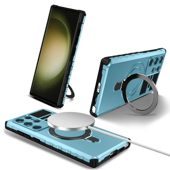 Allytechgroup Militargy Grade Shockproof Case for Samsung Galaxy S25 Ultra, Magnetic Cover Compatible with Magsafe & Car Mount Ring Kickstand Bumper Case for Women Men, Lightblue