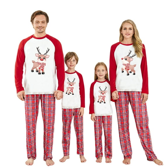Family Matching Christmas Pajamas Deer Pattern Long Sleeve Tops Plaid Pants Sleepwear Set