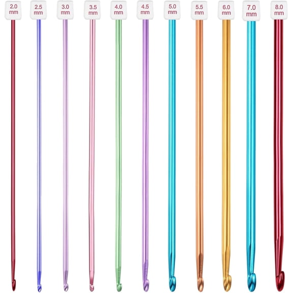 11Pcs Tunisian Crochet Hooks Set from 2mm(B) to 8mm(L),27cm/10.6inch Long Crochet Needles Set Aluminum Afghan Knitting Hooks for Beginners