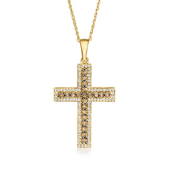 Ross-Simons 0.70 ct. t.w. Brown and White Diamond Cross Pendant Necklace in 18kt Gold Over Sterling, Women's, Adult