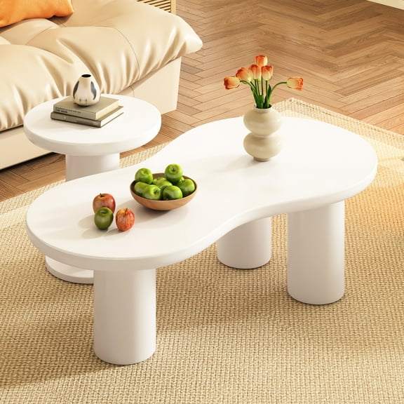 2 Cream-style Coffee Table , Cloud Tabletop With Round Side Table, White, Solid & Versatile, Simple Installation Nesting , Cream Design Edge , Easy To Assemble For Living Area
