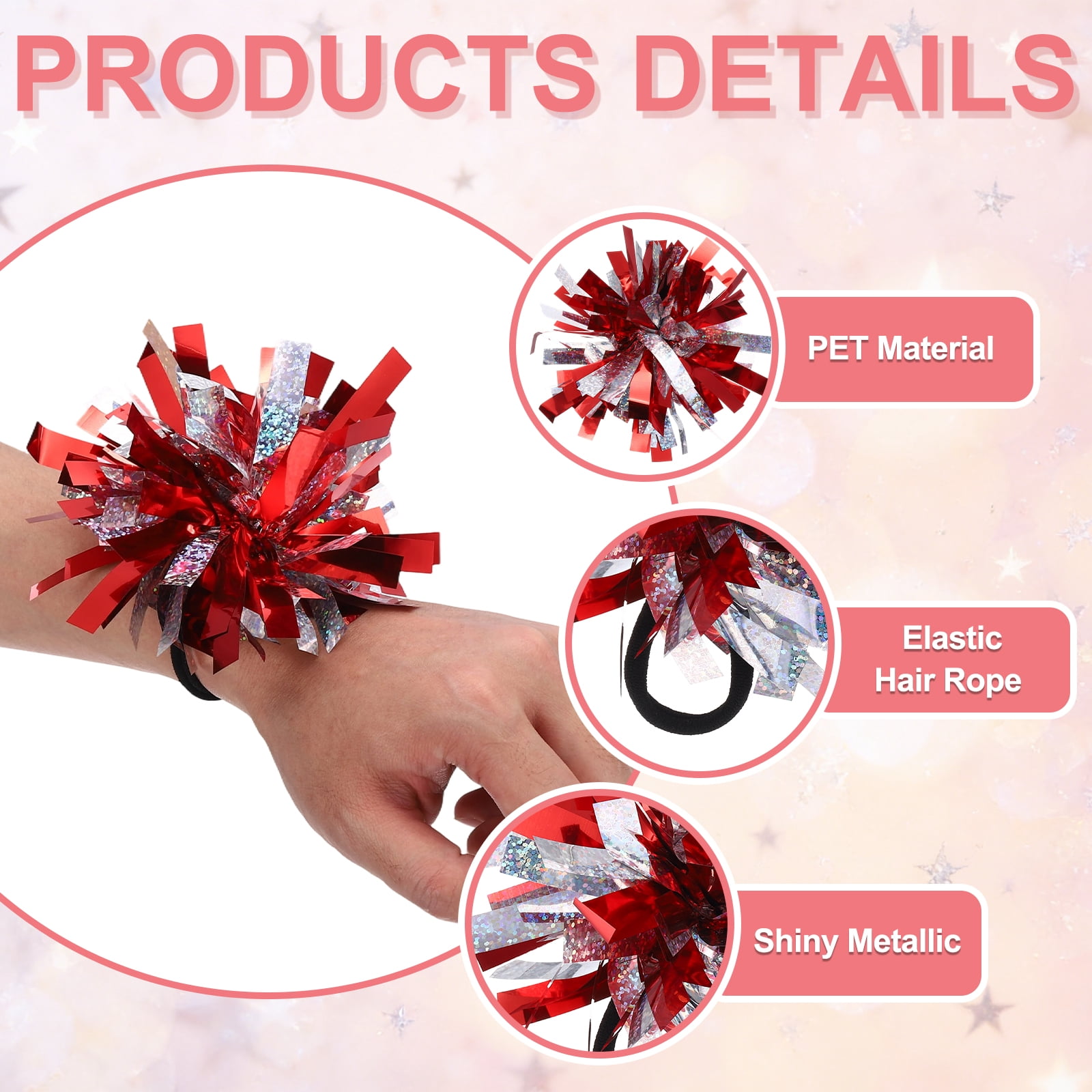 Uxcell 24 Pcs Cheerleading Pom Poms Hair Ropes for Basketball Game,Outdoor Activities, Red