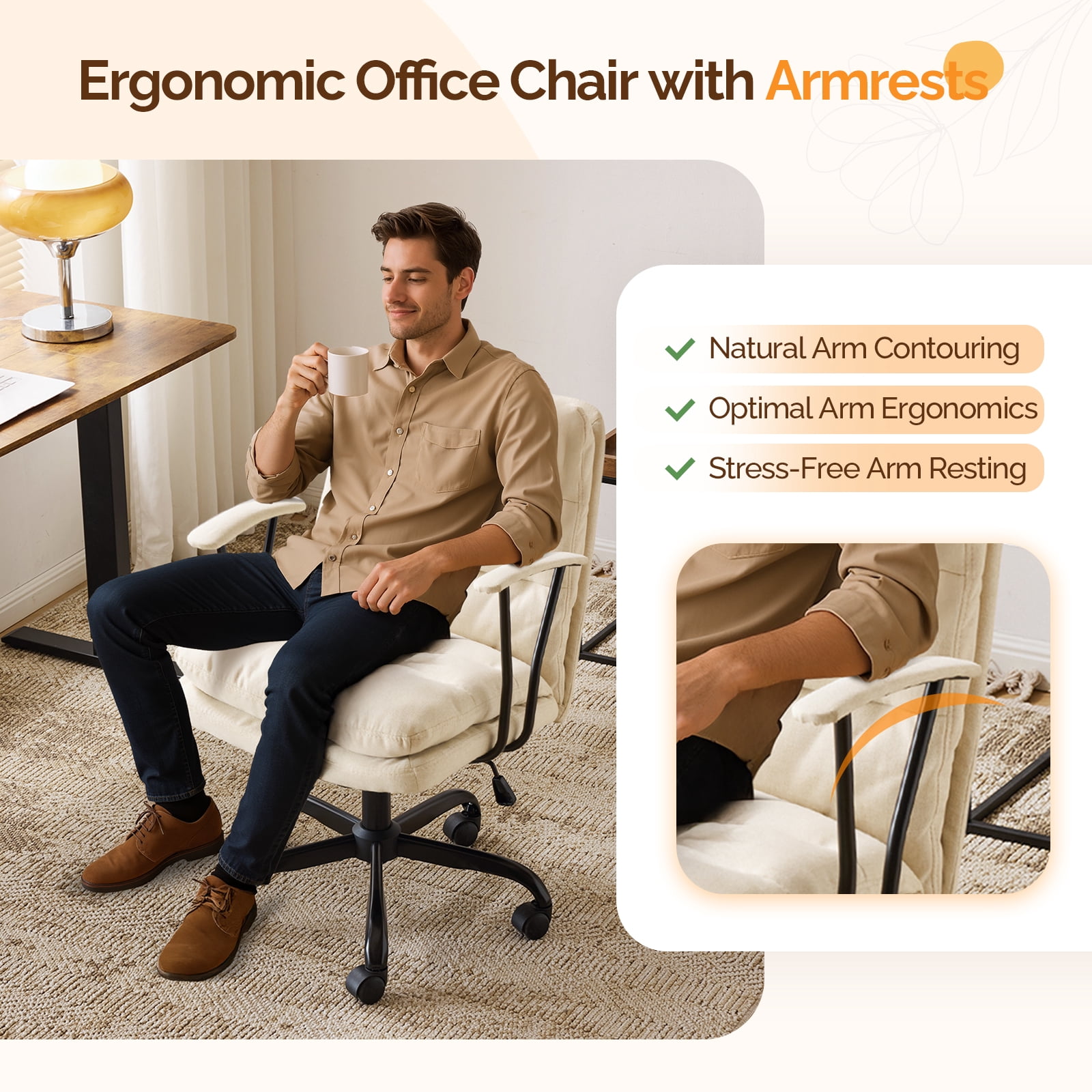Ktaxon Office Chair with Armrests, Linen Fabric Desk Chair with Wheels, Swivel Task Chair for Study Room or Dressing Vanity Area Light Yellow