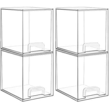 7.6 H Clear Stackable Storage Drawers 4 Pack Plastic Organizers Bins for Skincare Cosmetics Beauty Supplies Ideal for Vanity Bathroom Kitchen Countertop Cabinet Organization