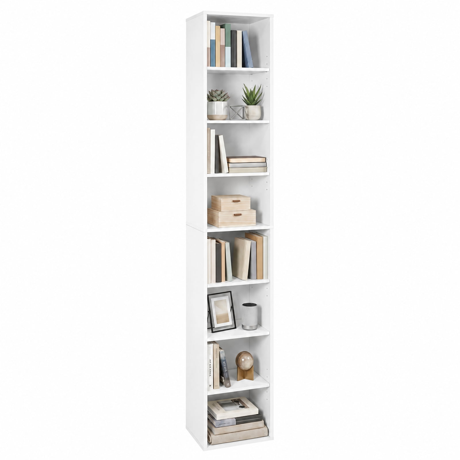 Furnibear 8-Tier Narrow Bookshelf with 4 Adjustable Shelves and Storage Cubes for Living Room Home Office Bedroom Display Storage Shelf, White