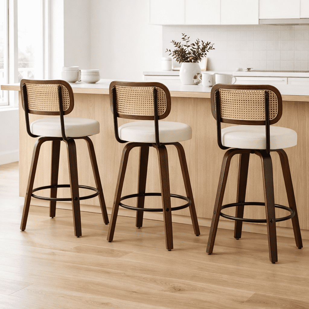 GOMYHOME 26" Swivel Counter Height Bar Stools Set of 3, Cane Back Walnut Wood PU Seat