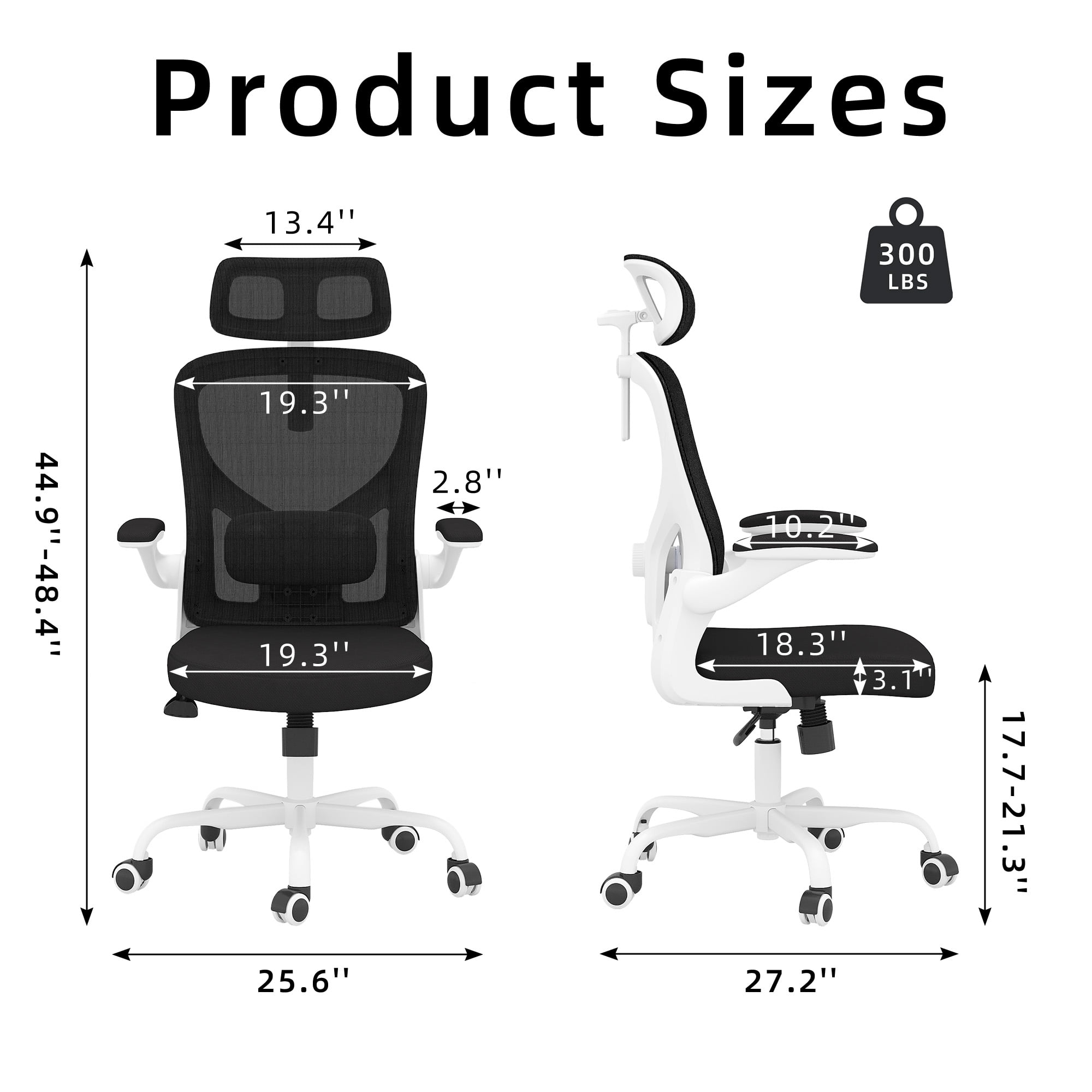 MAYEERTY Ergonomic Home Office Chair with Lumbar Support, Flip-Up Armrests, Headrest for Work & Study,White-black