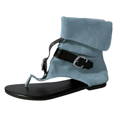 

Ladies Summer Clip Toe Flat Roman Sandals Denim Belt Buckle Large Size High Top Herringbone Cool Boots Sandals Royally Comfortable Summer Fall Easy to Clean