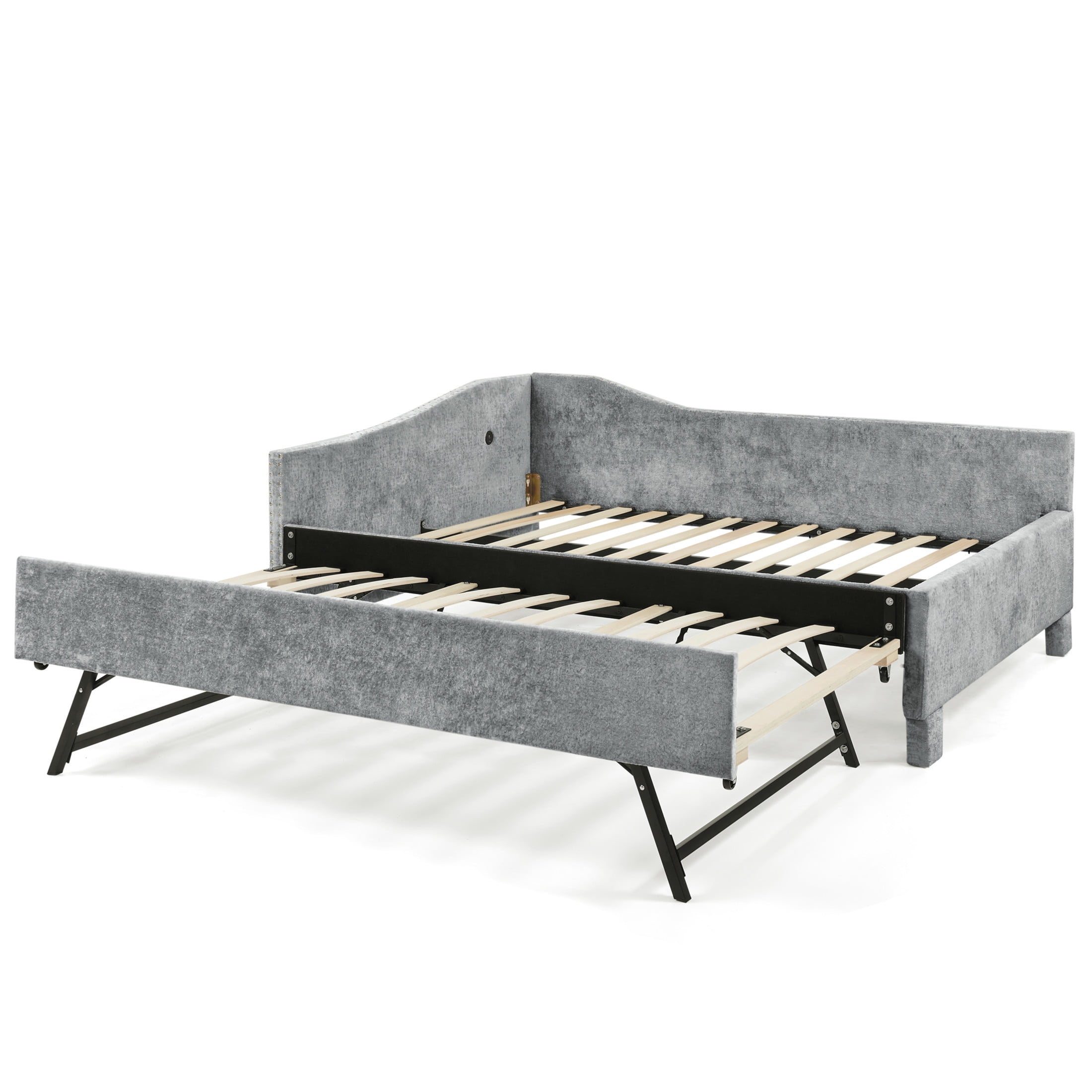 Noble House Phineas Twin Size Chenille Padded Daybed, Sofa Bed Frame with Twin Trundle and Charging Port, Grey