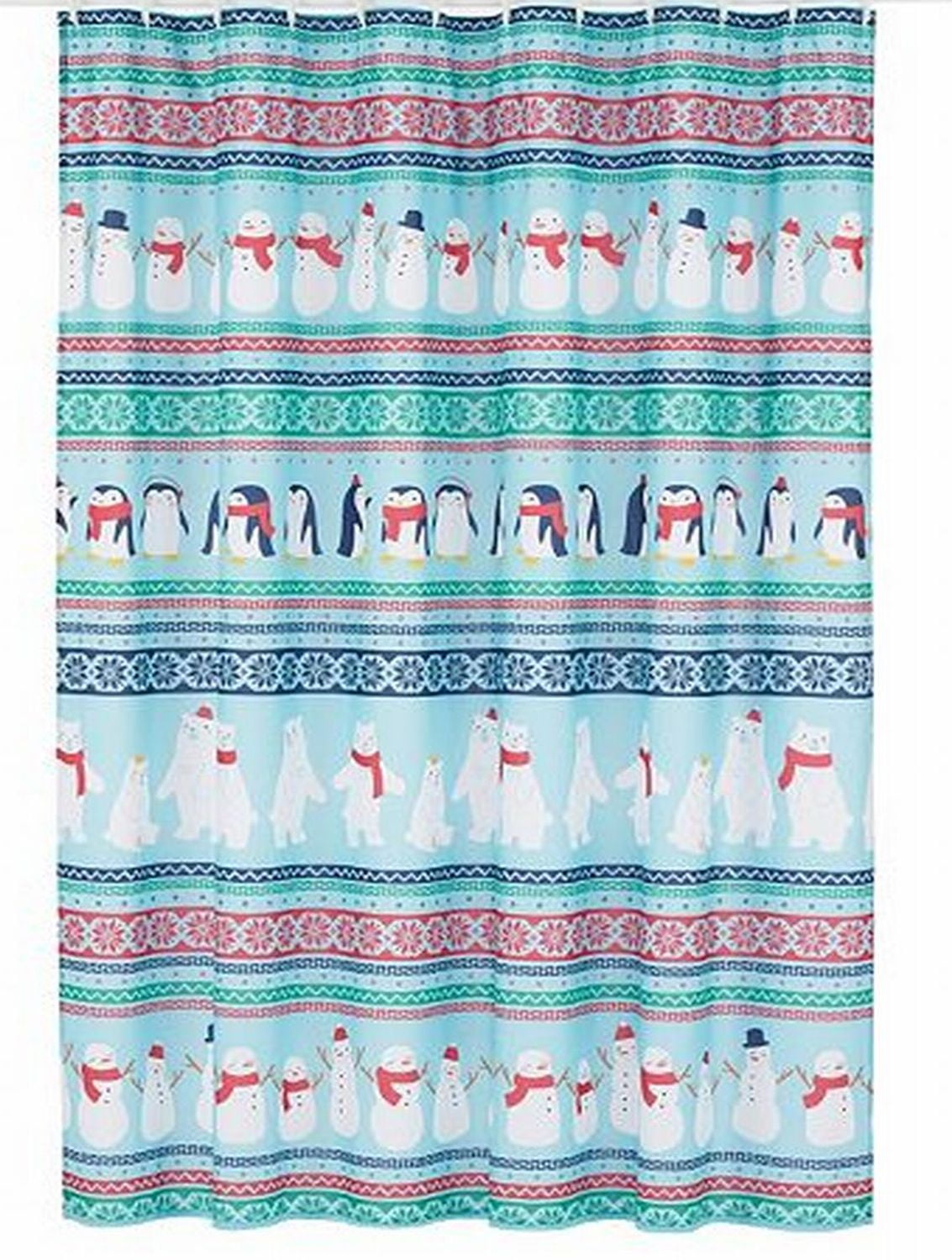 St Nicholas Christmas Holiday Cheer Snowmen Penguins Bear Fabric Shower Curtain 