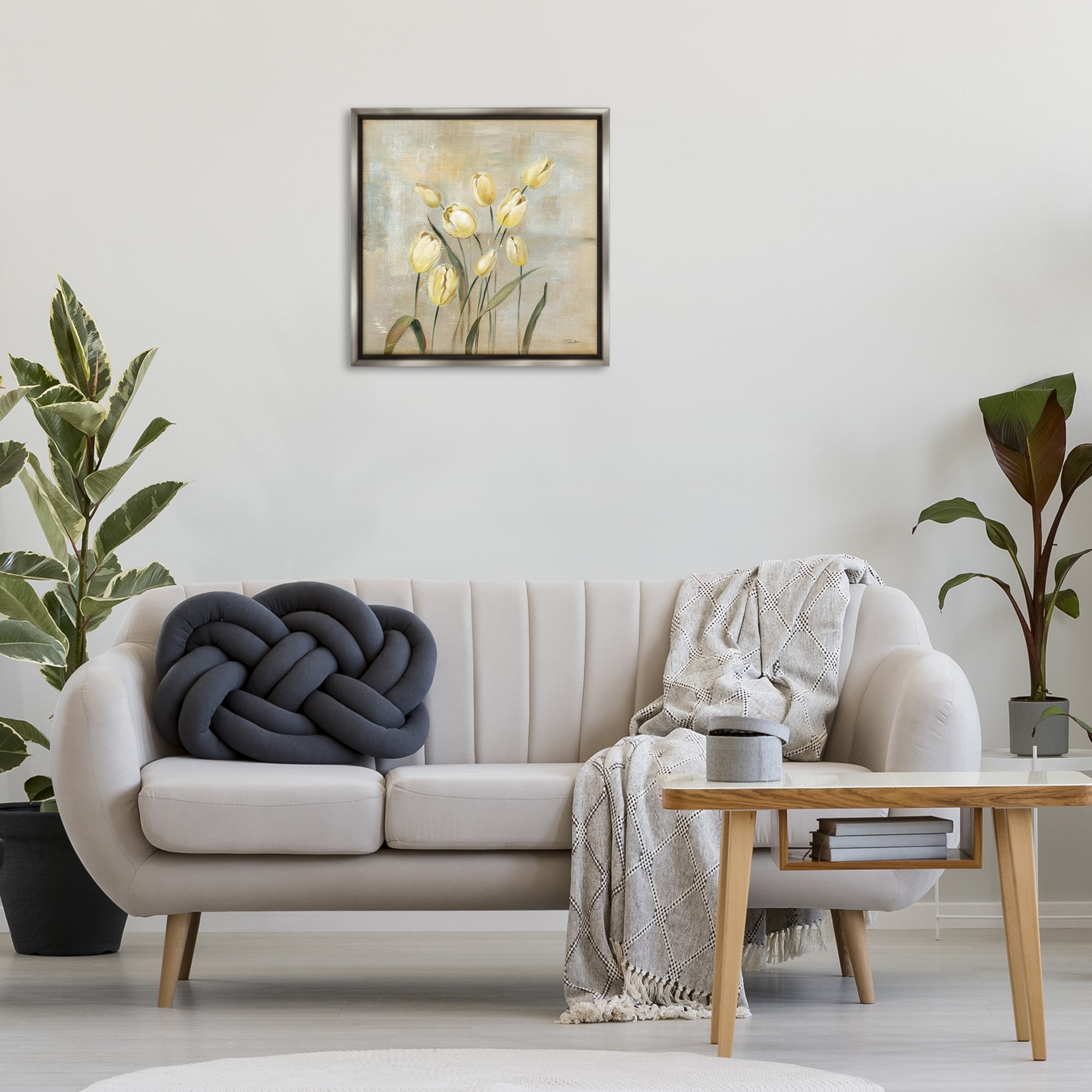 Stupell Industries Yellow Tulips on Beige Botanical & Floral Painting Gray Floater Framed Art Print Wall Art, 25 x 25