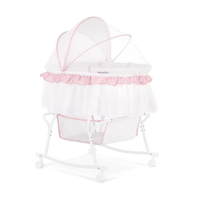 Dream On Me Lacy Moisés y cuna portátil 2 en 1 en rosa y blanco, moisés ligero para bebé con cesta de almacenamiento, dosel ajustable y extraíble