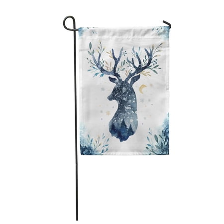 SIDONKU Blue Watercolor Closeup Portrait of Cute Deer Christmas Winter Garden Flag Decorative Flag House Banner 28x40 inch