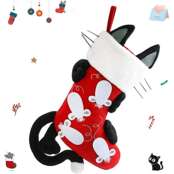 Houwsbaby Cat Christmas Stocking 3D Pet Holder Kitty Ornament Gift Bags for Pets Party Ornament, Red, 18.5''