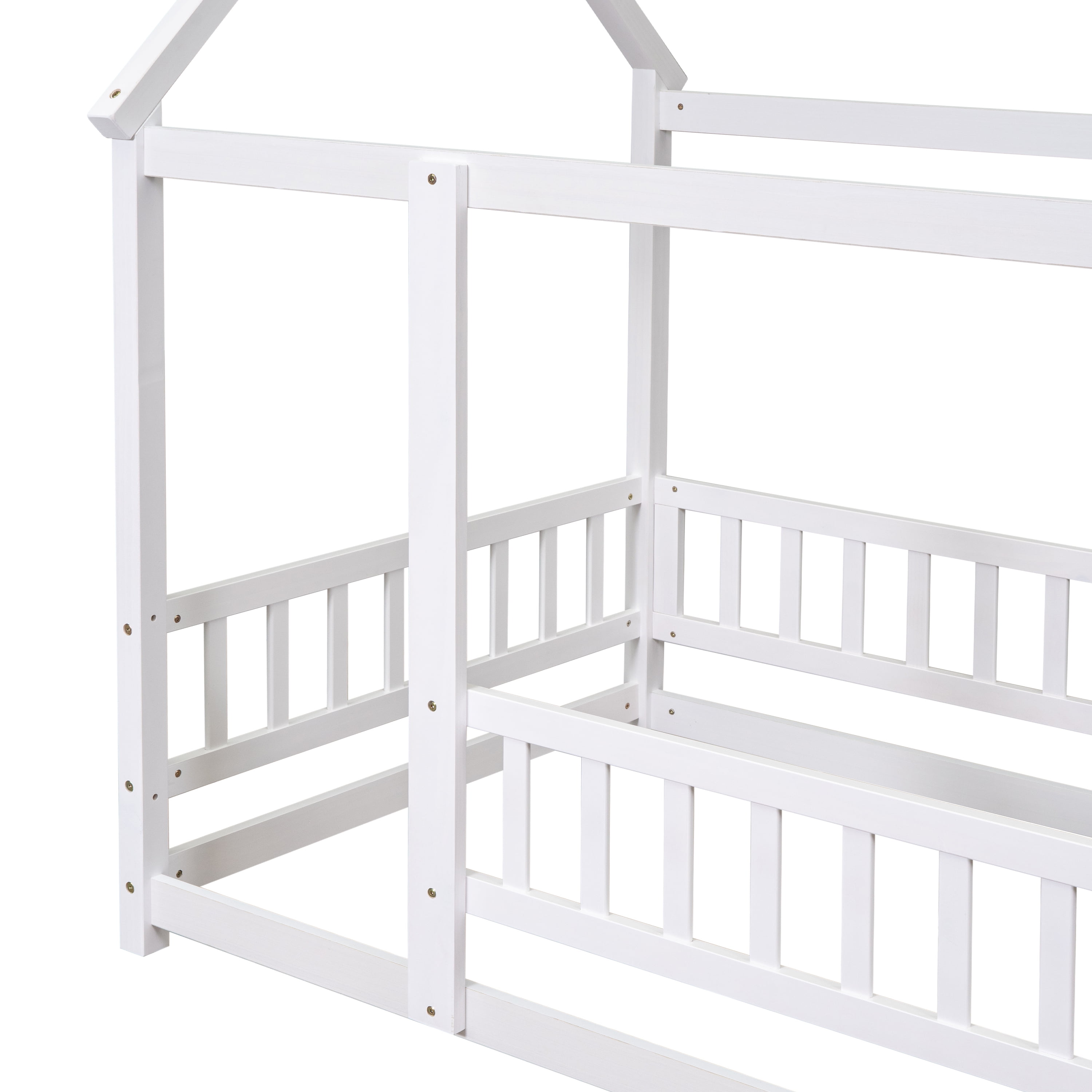 Miniyam Kids Twin Montessori House Floor Bed with Fence, Wood Roof Frame, White