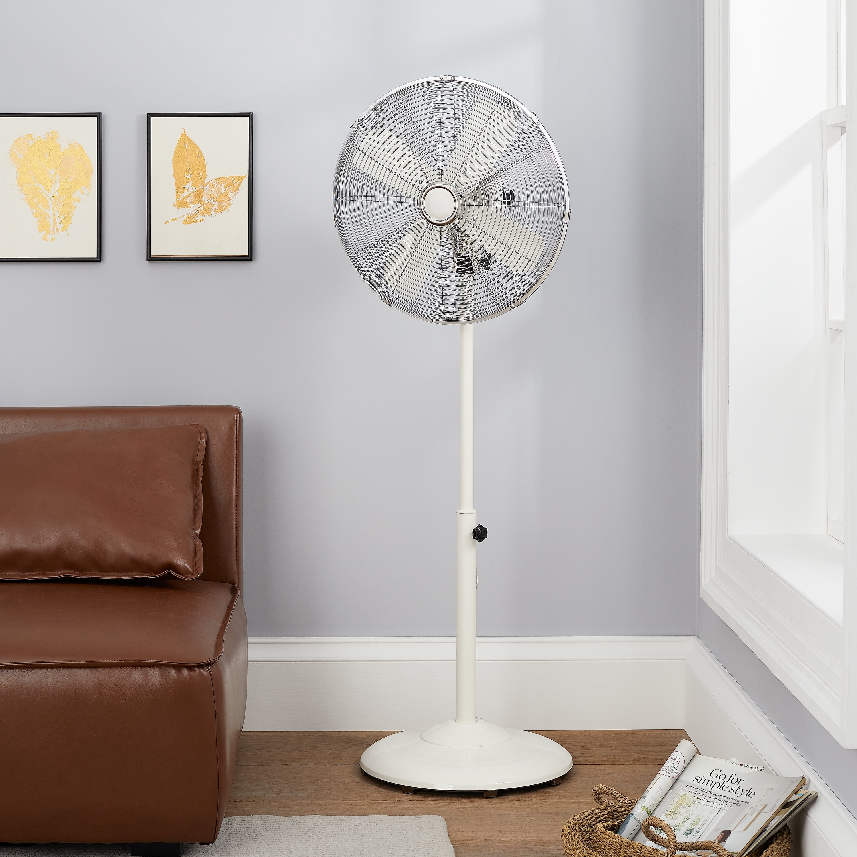 Better Homes & Gardens 16" 3-Speed Retro Metal White Adjustable Height Oscillating New Pedestal Fan
