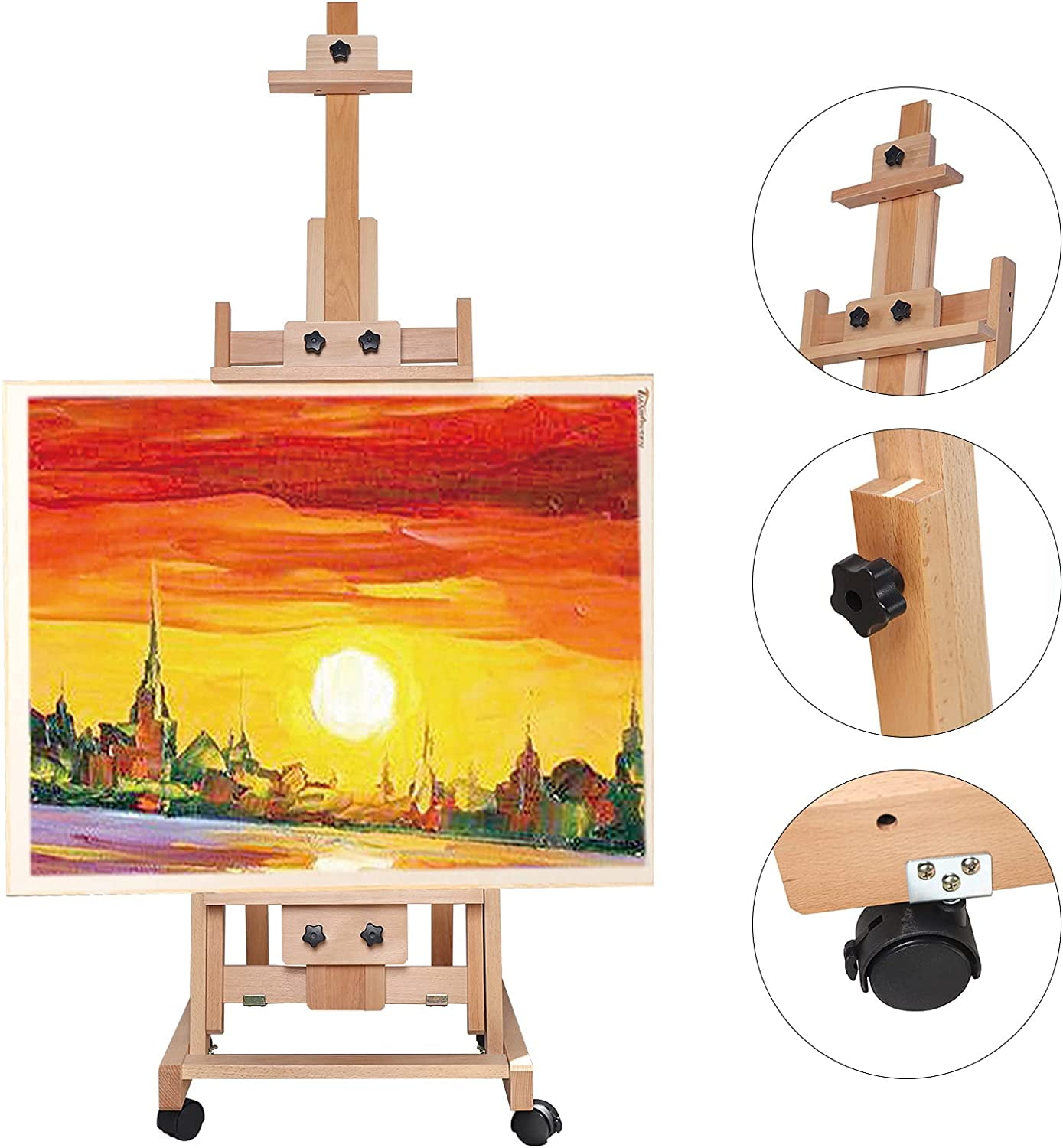 MONIPA Large Heavy-Duty Studio Art Easel H-Frame Wood Movable Adjustable H 56.30"-91.34" W/4 Locked Wheels