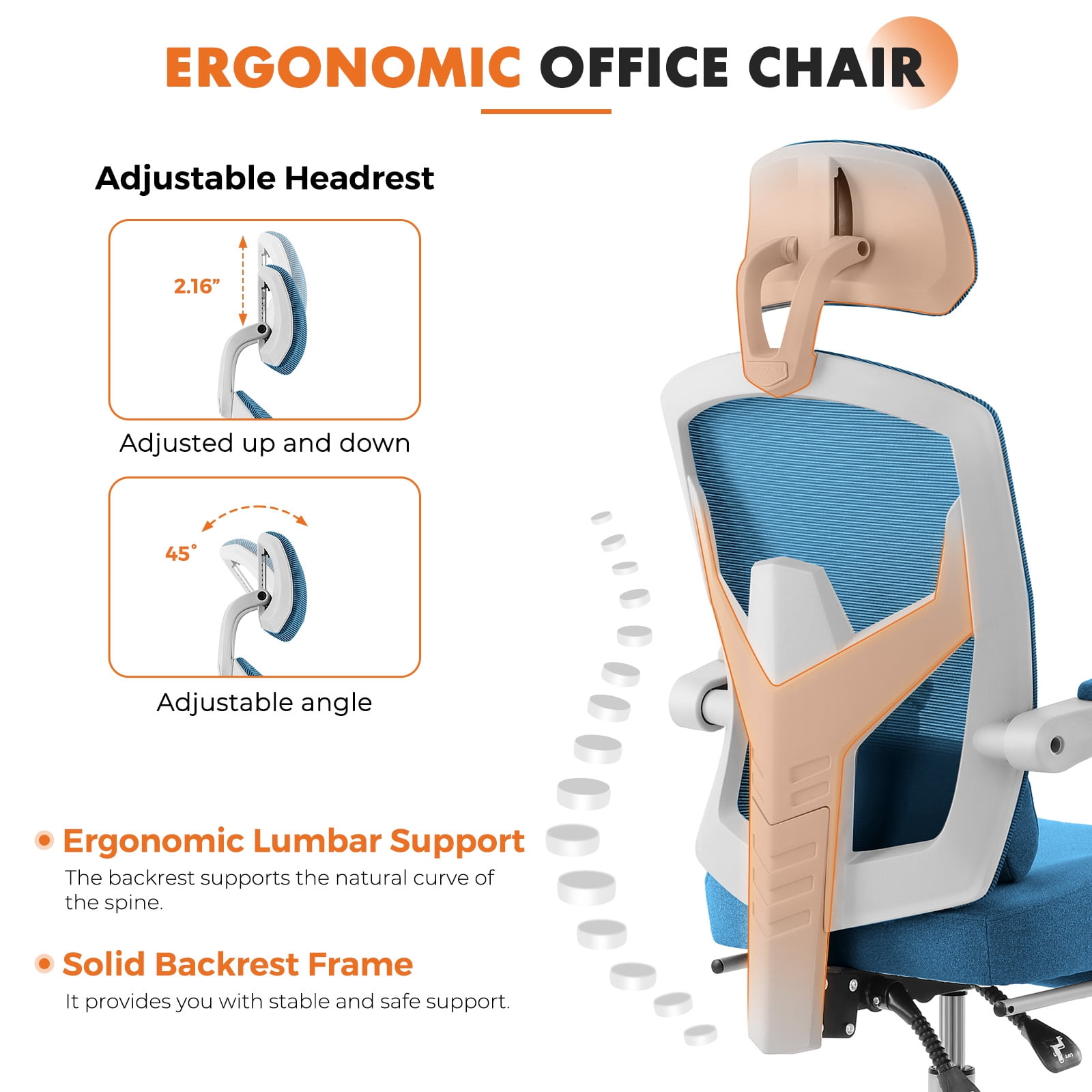 CONCETTA Ergonomic Mesh Office Chair, High Back Swivel Chairs with Adjustable Lumbar Support, Headrest, Footrest, and Armrests, Blue