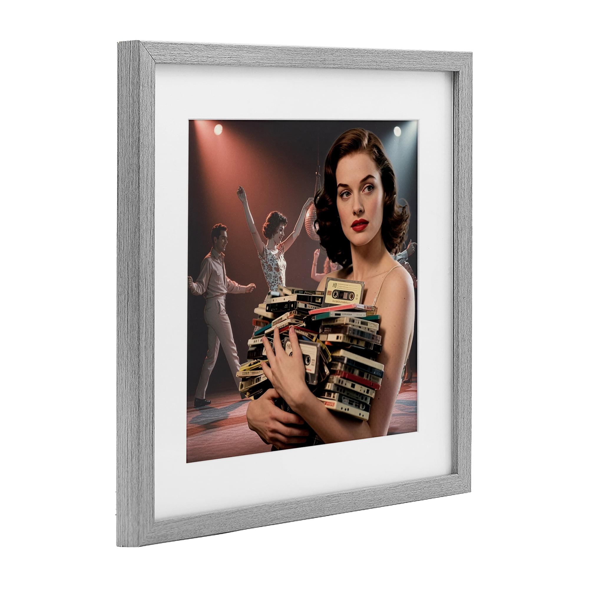 Stupell Industries Woman Holding Vintage Cassette Collection Gray Framed Print Under Glass, design by CAD Designs